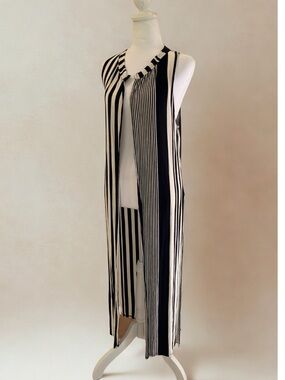 Striped Black & White Sleeveless Long Duster Vest